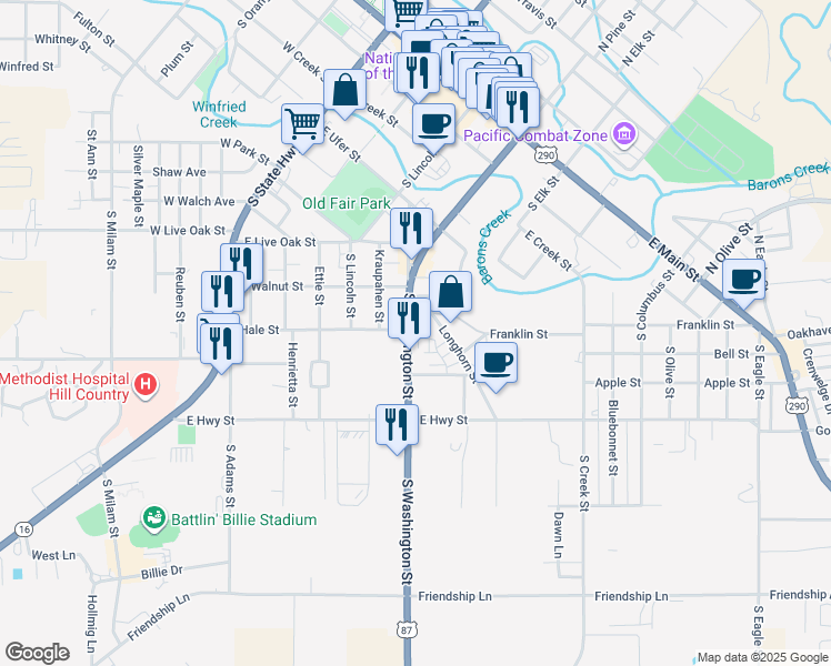 map of restaurants, bars, coffee shops, grocery stores, and more near 504 Longhorn Street in Fredericksburg