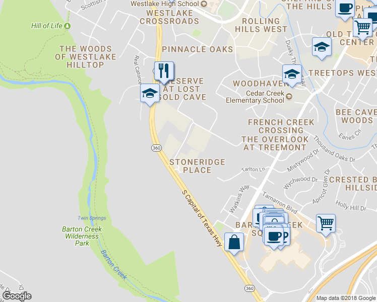 map of restaurants, bars, coffee shops, grocery stores, and more near 3667 Stoneridge Rd in Austin