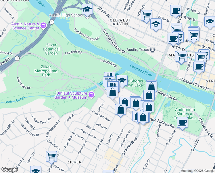 map of restaurants, bars, coffee shops, grocery stores, and more near 412 Sterzing Street in Austin