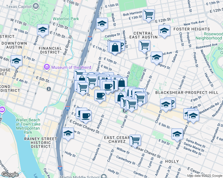 map of restaurants, bars, coffee shops, grocery stores, and more near 1208 East 7th Street in Austin
