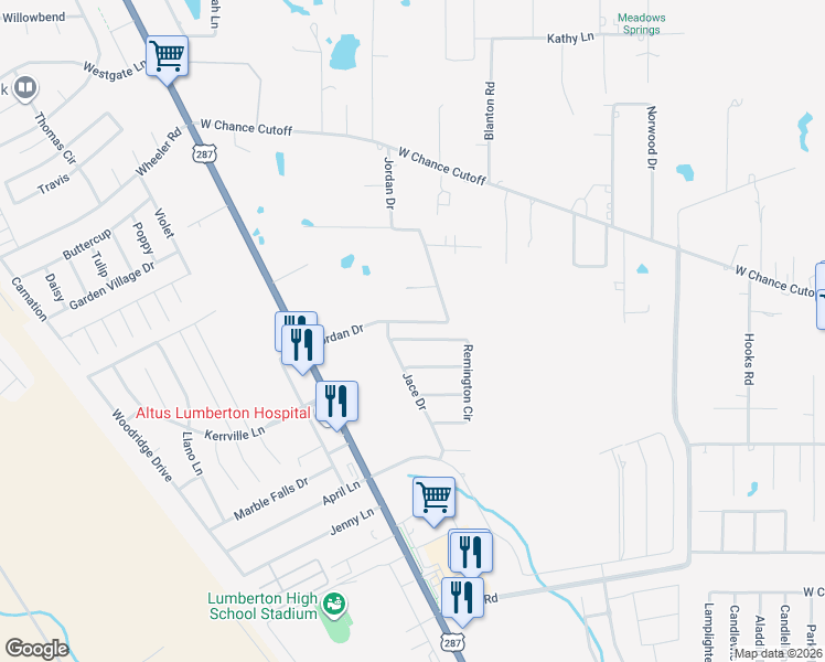 map of restaurants, bars, coffee shops, grocery stores, and more near 363-699 Jordan Drive in Lumberton