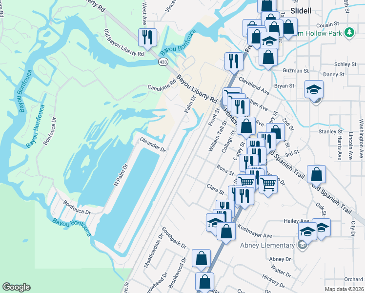 map of restaurants, bars, coffee shops, grocery stores, and more near 2911 Camellia Drive in Slidell
