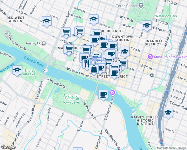 map of restaurants, bars, coffee shops, grocery stores, and more near 400 West Cesar Chavez Street in Austin