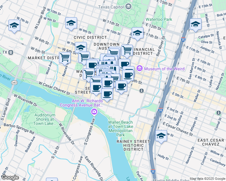 map of restaurants, bars, coffee shops, grocery stores, and more near 301 Brazos Street in Austin