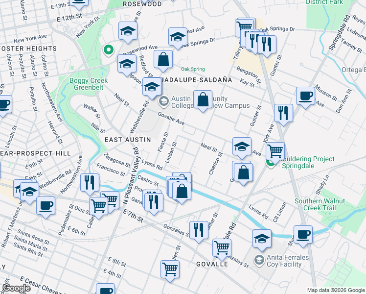 map of restaurants, bars, coffee shops, grocery stores, and more near 1100 Brass Street in Austin