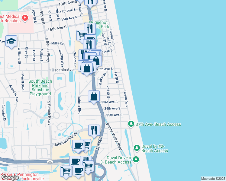 map of restaurants, bars, coffee shops, grocery stores, and more near 120 29th Avenue South in Jacksonville Beach