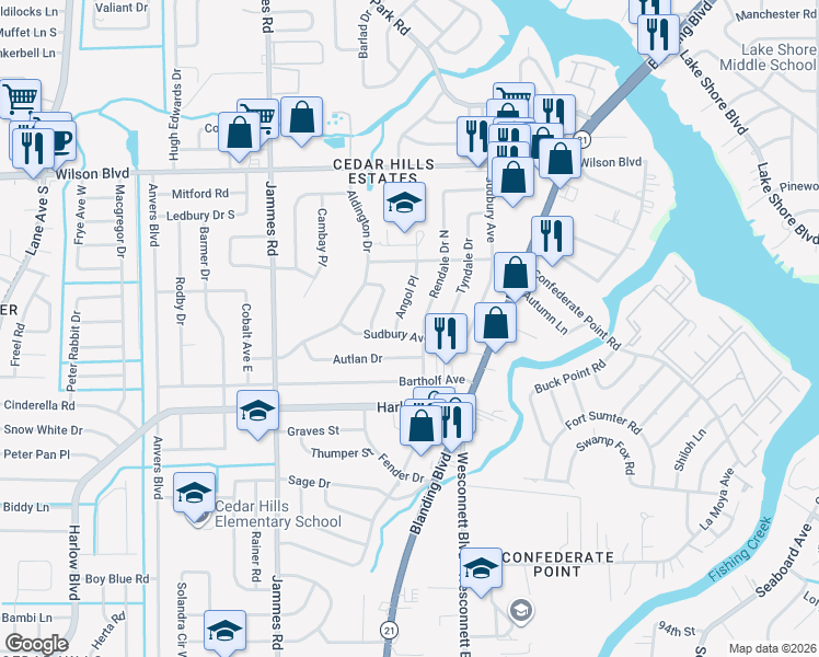 map of restaurants, bars, coffee shops, grocery stores, and more near 4102 Angol Place in Jacksonville
