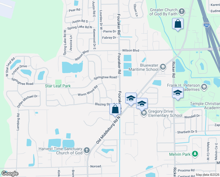 map of restaurants, bars, coffee shops, grocery stores, and more near 3817 East Winter Berry Road in Jacksonville