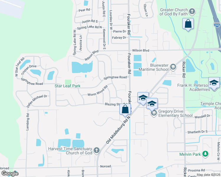 map of restaurants, bars, coffee shops, grocery stores, and more near 8121 Worm Wood Road in Jacksonville