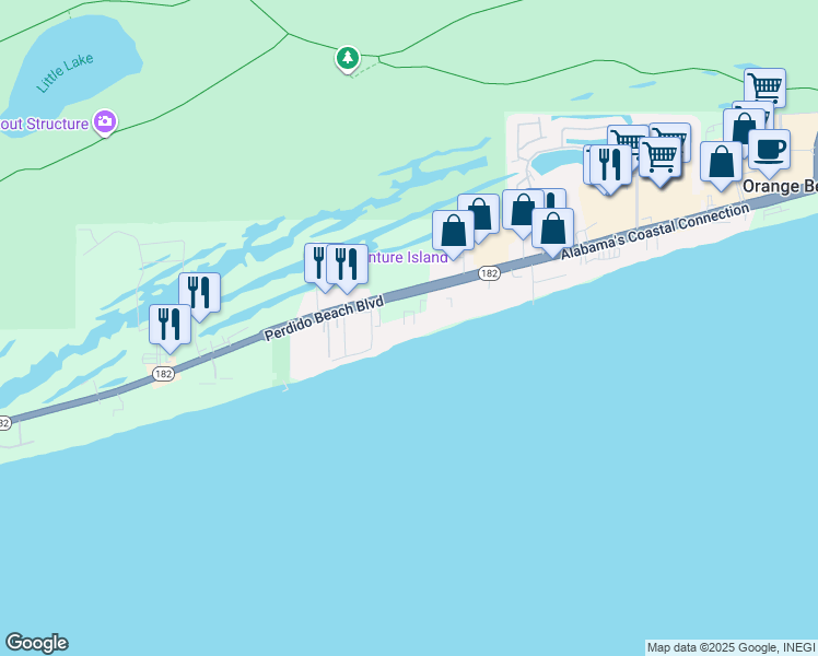map of restaurants, bars, coffee shops, grocery stores, and more near 24800 Perdido Beach Boulevard in Orange Beach