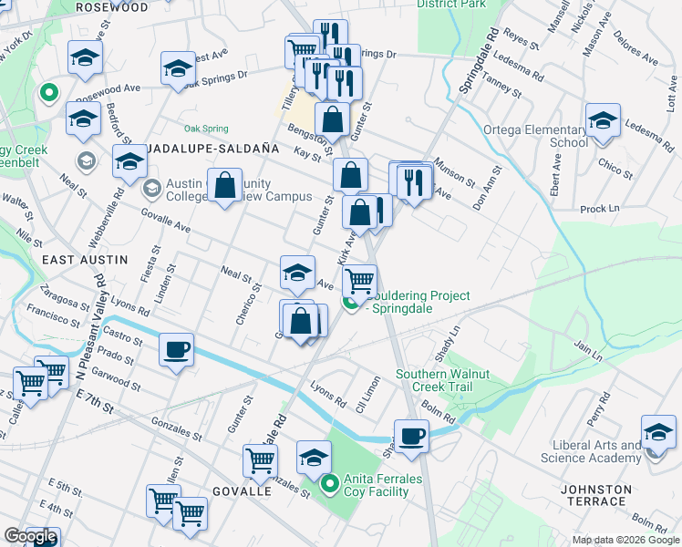 map of restaurants, bars, coffee shops, grocery stores, and more near 3703 Thompson Street in Austin