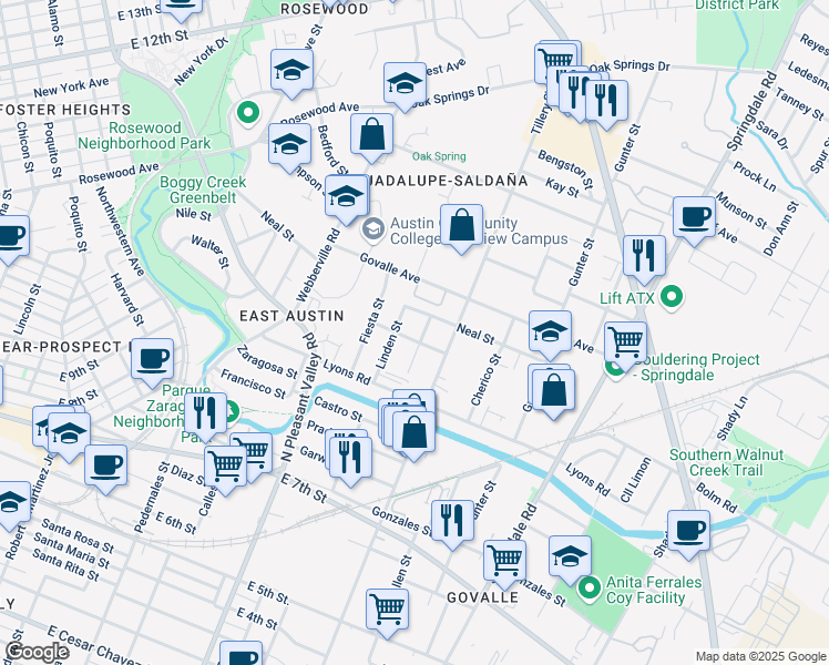map of restaurants, bars, coffee shops, grocery stores, and more near 1104 Brass Street in Austin