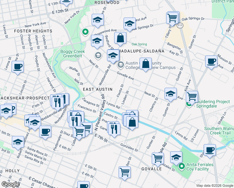 map of restaurants, bars, coffee shops, grocery stores, and more near 1006 Fiesta Street in Austin
