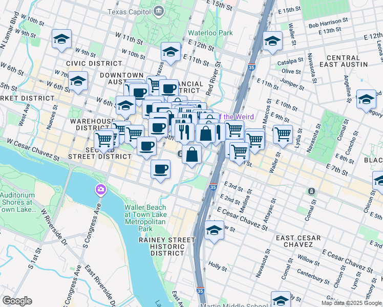 map of restaurants, bars, coffee shops, grocery stores, and more near in Austin