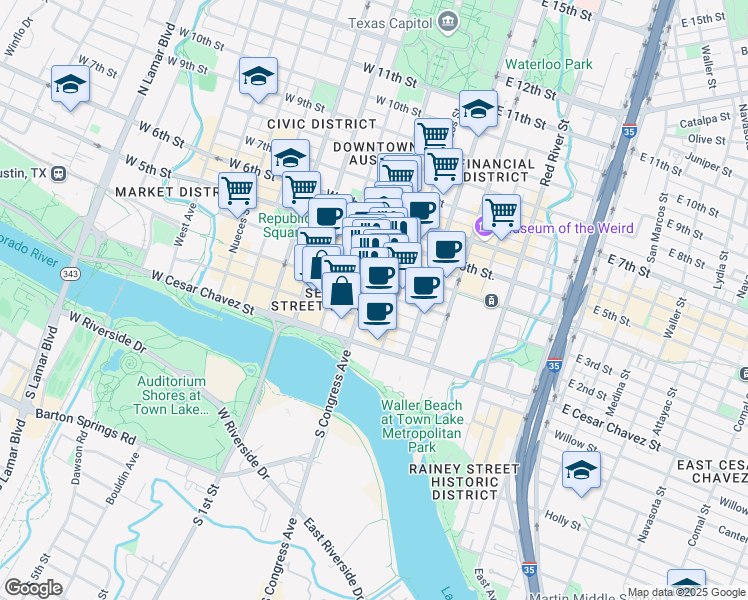 map of restaurants, bars, coffee shops, grocery stores, and more near 301 Brazos Street in Austin