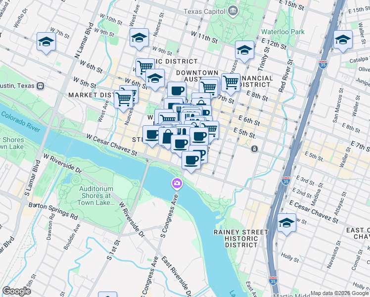 map of restaurants, bars, coffee shops, grocery stores, and more near in Austin