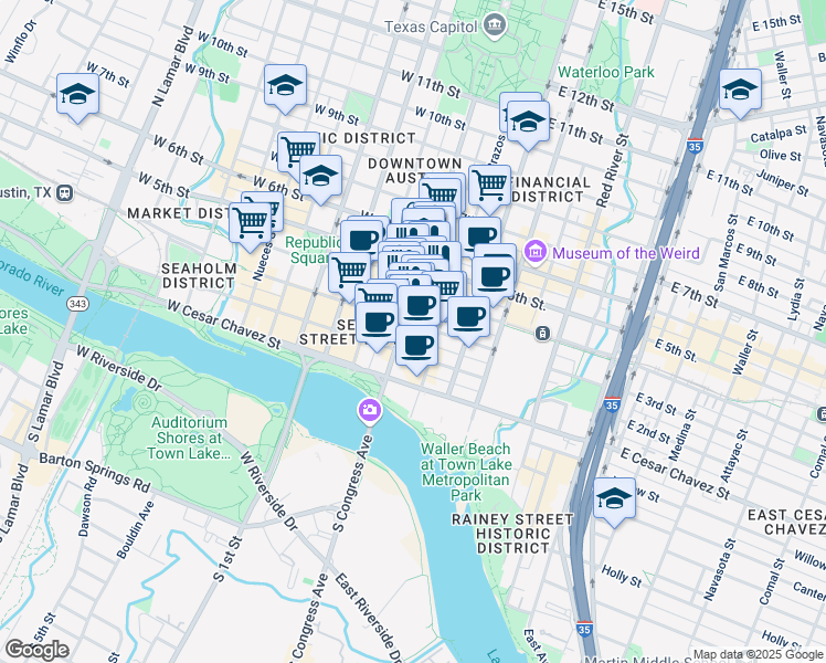 map of restaurants, bars, coffee shops, grocery stores, and more near 217 Congress Avenue in Austin