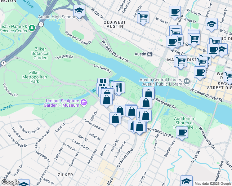 map of restaurants, bars, coffee shops, grocery stores, and more near 1704 Toomey Road in Austin