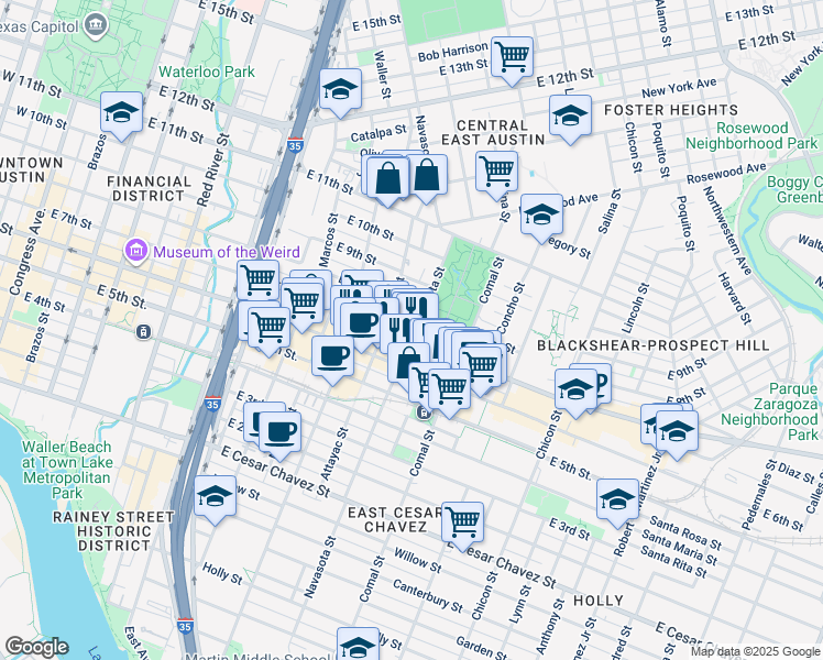 map of restaurants, bars, coffee shops, grocery stores, and more near 1207 East 8th Street in Austin
