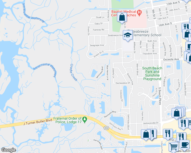 map of restaurants, bars, coffee shops, grocery stores, and more near 2984 Sanctuary Boulevard in Jacksonville Beach