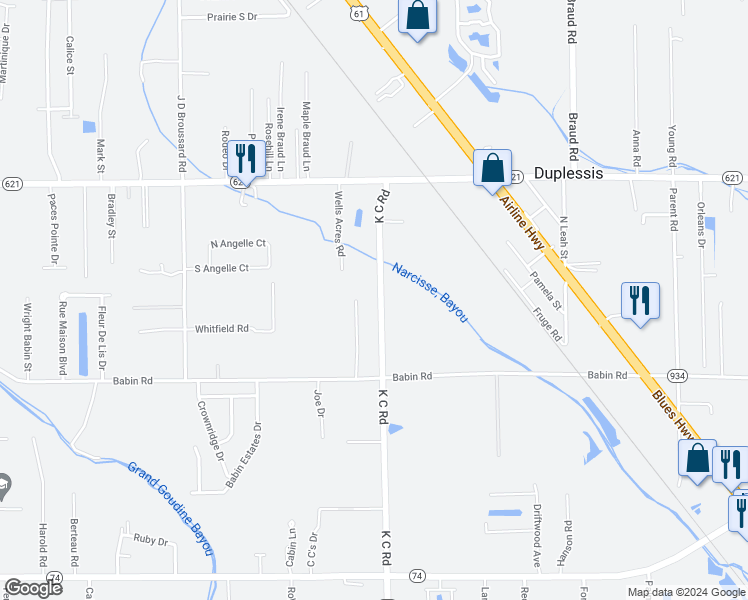 map of restaurants, bars, coffee shops, grocery stores, and more near 13408 K C Road in Gonzales