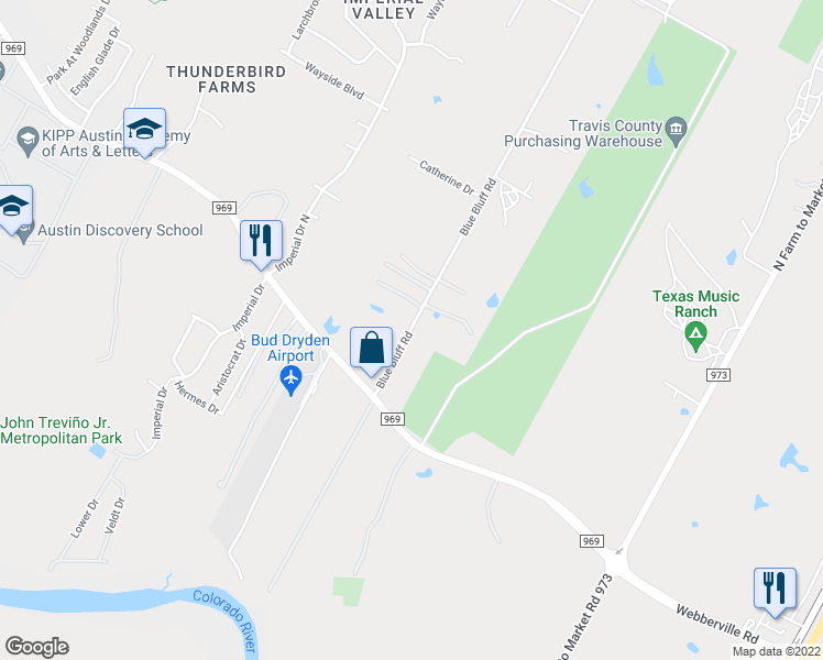 map of restaurants, bars, coffee shops, grocery stores, and more near 4905 Blue Bluff Road in Austin