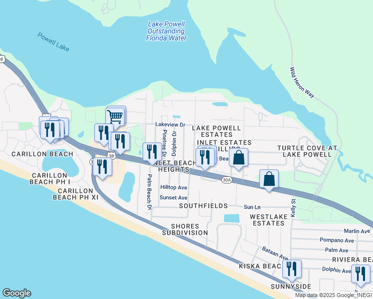 map of restaurants, bars, coffee shops, grocery stores, and more near 501-599 Gulf View Drive in Panama City Beach