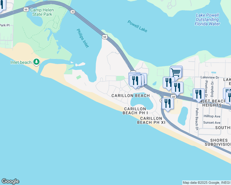 map of restaurants, bars, coffee shops, grocery stores, and more near 209 Gulfcrest Lane in Panama City Beach