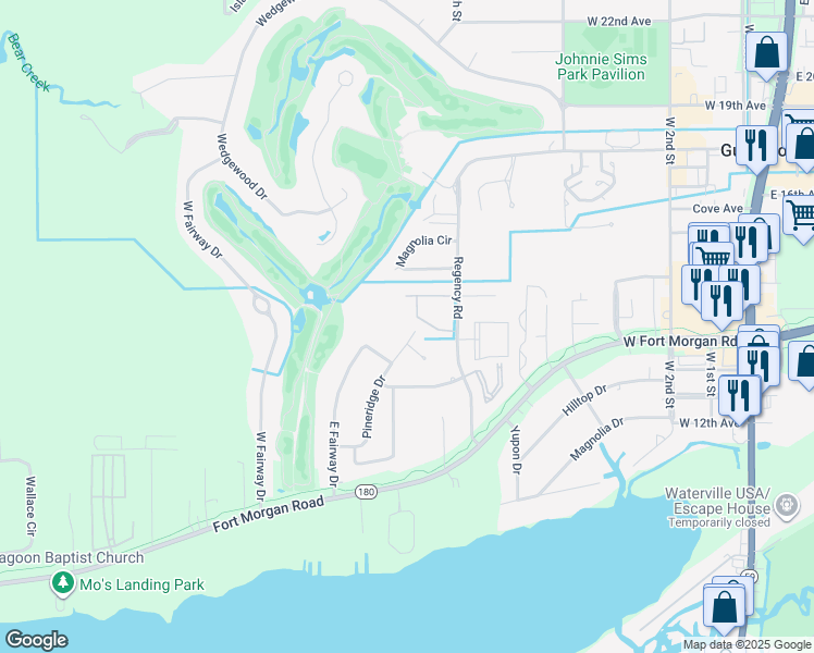 map of restaurants, bars, coffee shops, grocery stores, and more near 1605 Pineridge Dr in Gulf Shores
