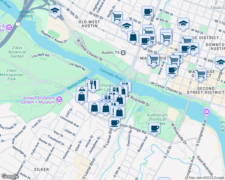 map of restaurants, bars, coffee shops, grocery stores, and more near 200 South Lamar Boulevard in Austin