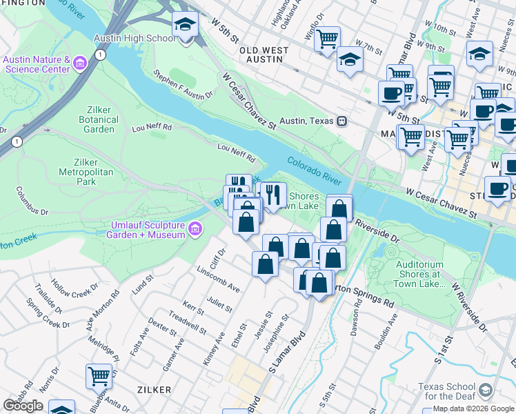 map of restaurants, bars, coffee shops, grocery stores, and more near 406 Sterzing Street in Austin