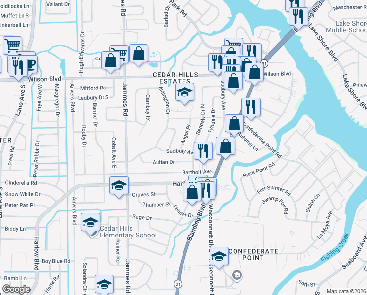 map of restaurants, bars, coffee shops, grocery stores, and more near 4129 Angol Place in Jacksonville