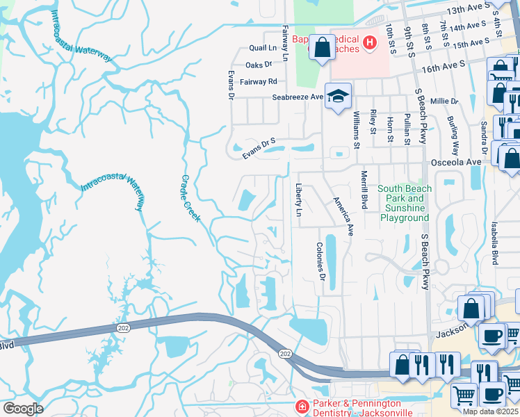 map of restaurants, bars, coffee shops, grocery stores, and more near 2965 Sanctuary Boulevard in Jacksonville Beach