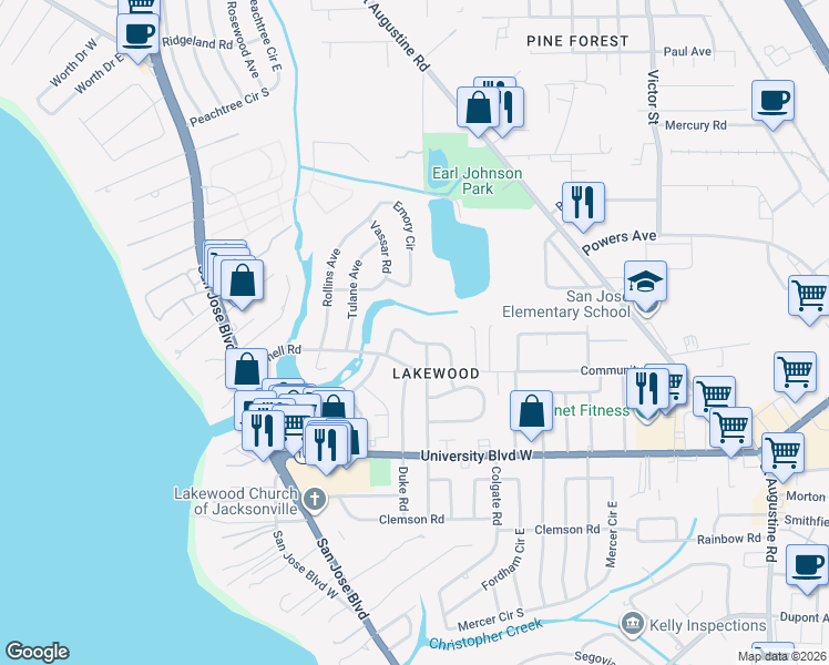 map of restaurants, bars, coffee shops, grocery stores, and more near 1853 Stanford Road North in Jacksonville