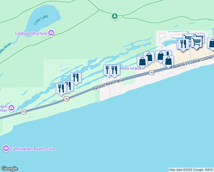 map of restaurants, bars, coffee shops, grocery stores, and more near 24566 Perdido Beach Boulevard in Orange Beach