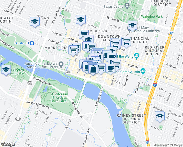 map of restaurants, bars, coffee shops, grocery stores, and more near Lavaca St & W 2nd St in Austin