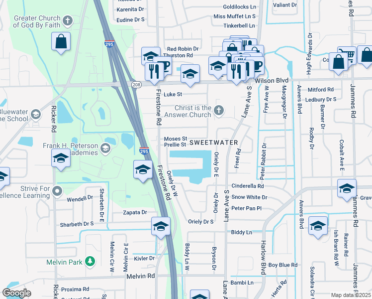 map of restaurants, bars, coffee shops, grocery stores, and more near 7135 Prellie Street in Jacksonville
