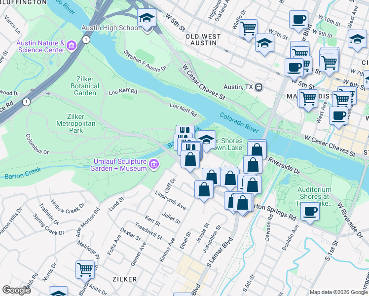 map of restaurants, bars, coffee shops, grocery stores, and more near 412 Sterzing Street in Austin