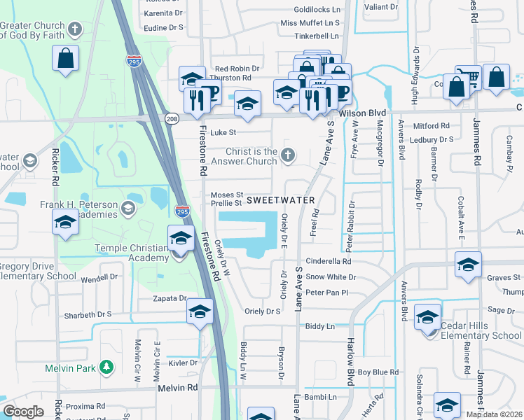 map of restaurants, bars, coffee shops, grocery stores, and more near 7045 Prellie Street in Jacksonville