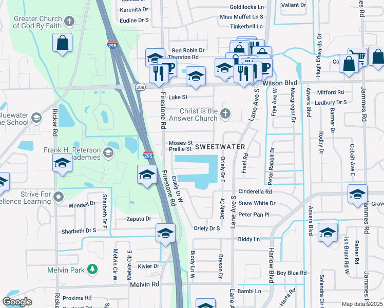 map of restaurants, bars, coffee shops, grocery stores, and more near 7135 Prellie Street in Jacksonville