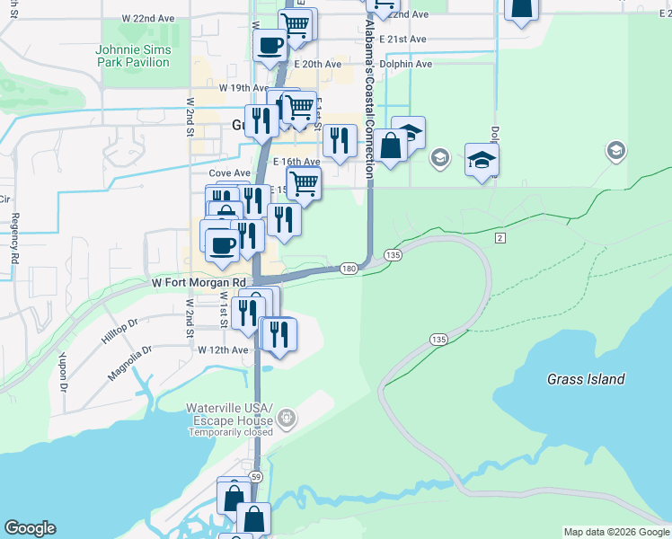 map of restaurants, bars, coffee shops, grocery stores, and more near 1520 East 2nd Street in Gulf Shores