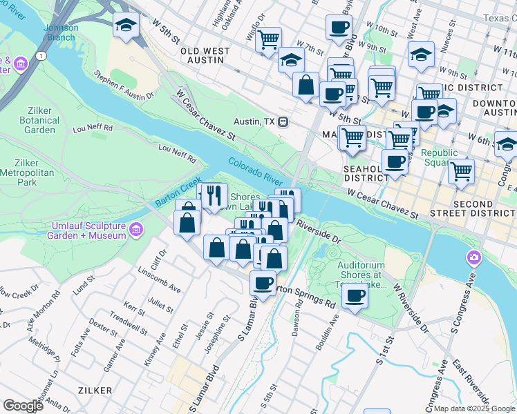 map of restaurants, bars, coffee shops, grocery stores, and more near 200 South Lamar Boulevard in Austin