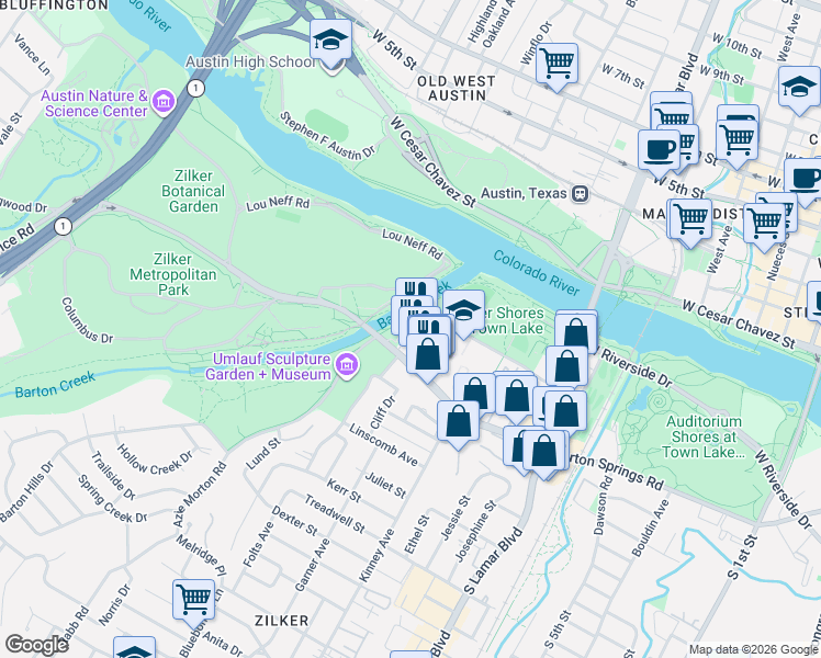 map of restaurants, bars, coffee shops, grocery stores, and more near 412 Sterzing Street in Austin