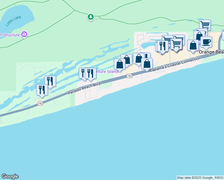map of restaurants, bars, coffee shops, grocery stores, and more near 24800 Perdido Beach Boulevard in Orange Beach