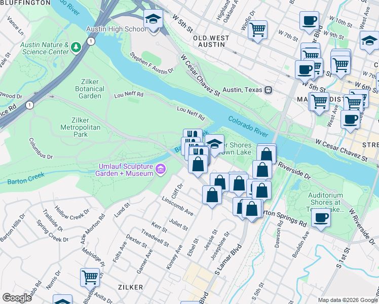 map of restaurants, bars, coffee shops, grocery stores, and more near 412 Sterzing Street in Austin