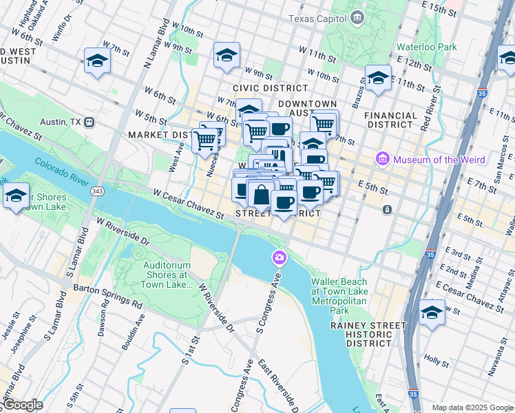 map of restaurants, bars, coffee shops, grocery stores, and more near 204 Lavaca Street in Austin