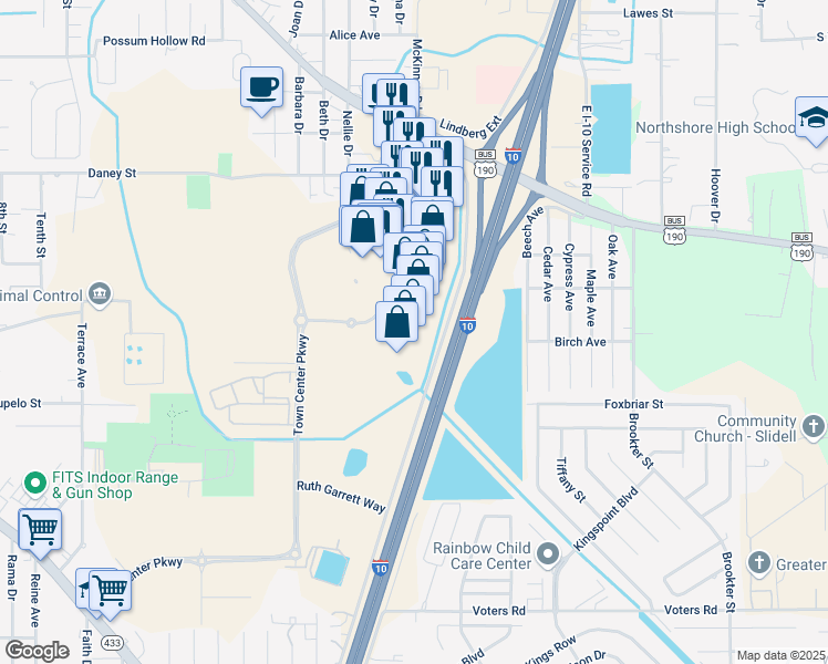 map of restaurants, bars, coffee shops, grocery stores, and more near 310 Town Center Parkway in Slidell