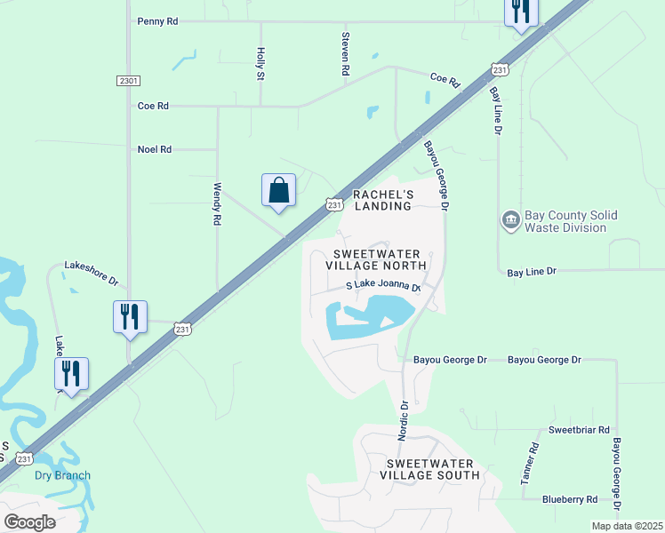 map of restaurants, bars, coffee shops, grocery stores, and more near 6541 Lake Joanna Circle in Panama City