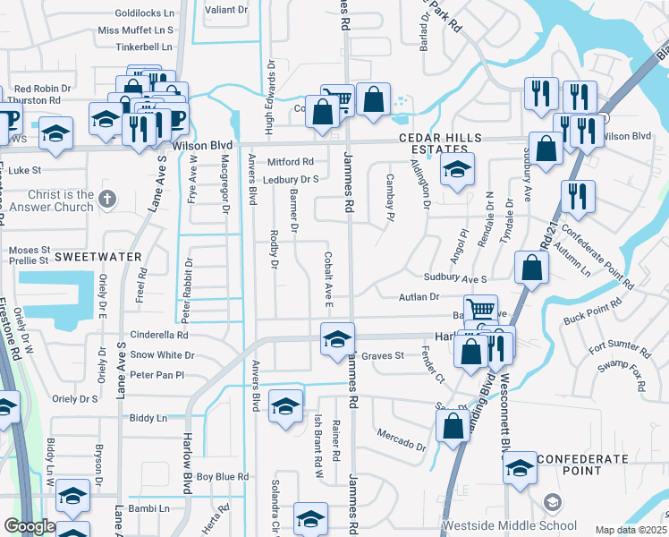 map of restaurants, bars, coffee shops, grocery stores, and more near 3939 Cobalt Avenue East in Jacksonville
