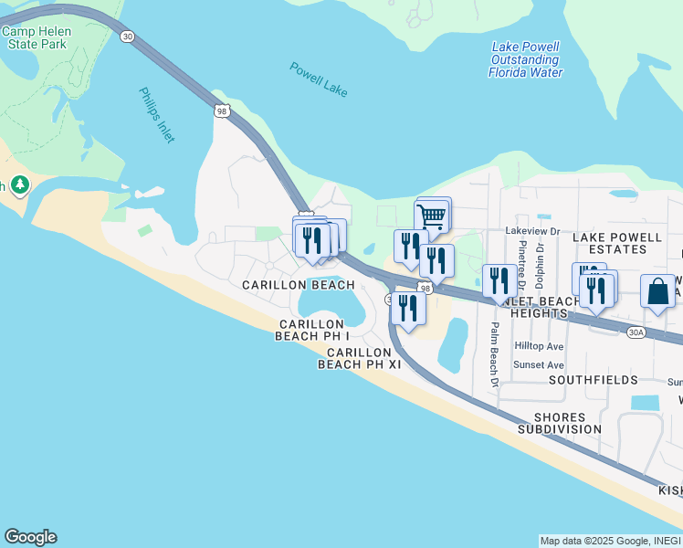 map of restaurants, bars, coffee shops, grocery stores, and more near 114 Carillon Market Street in Panama City Beach